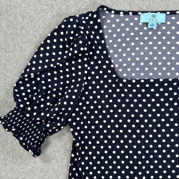 CeCe Square Neck Polka Dot Blouse Women's Medium Navy Blue/White Short Sleeve - Picture 2 of 8